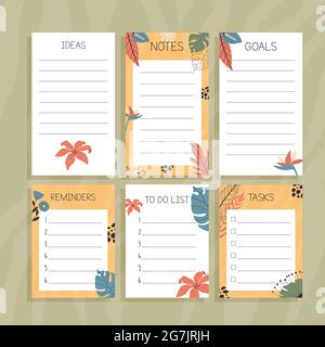 Set of six paper notes concept, with tropical hand drawn illustrations. Stock Vector