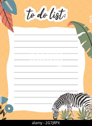 To do list notes concept. with zebra and tropical hand drawn illustrations. Stock Vector