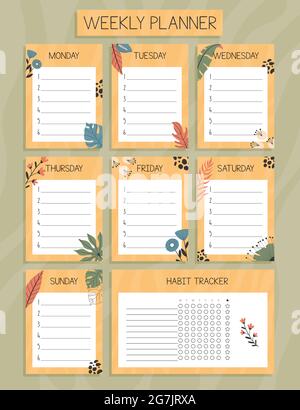 Tropical weekly planner and habit tracker concept. with hand drawn illustrations. Stock Vector