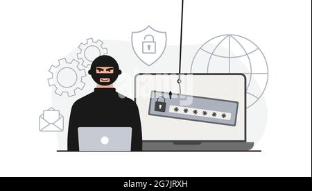 Hacker attack. Fraud with user data on social networks. Credit or debit card theft. Internet phishing, hacked username and password. Cybercrime and Stock Vector