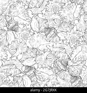 Marine seamless pattern from different spiral spiked sea shells Stock Vector