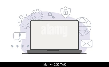 Laptop with safety icons. Internet emblem on the computer, mail, protection, notification, password and settings. Network security. Vector Stock Vector