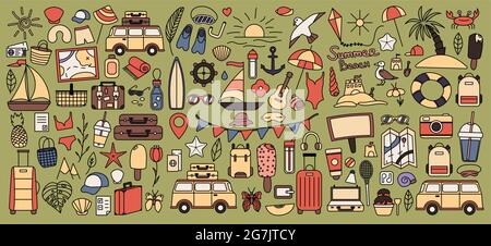 A large set with things for traveling to the mountains and the sea. Set of travel things on vacation. Summer collection. Vector line icon. Editable Stock Vector