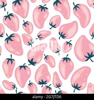 Strawberries pattern, colorful seamless vector pattern with hand drawn summer berries, pink and red fruit, good as fabric print, colored cartoon Stock Vector