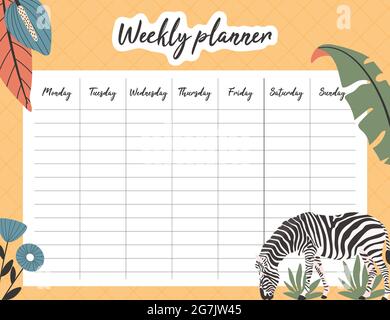 Tropical weekly planner concept. with hand drawn illustrations. Stock Vector