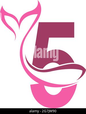 Number 5 with mermaid tail icon logo design template vector Stock Vector