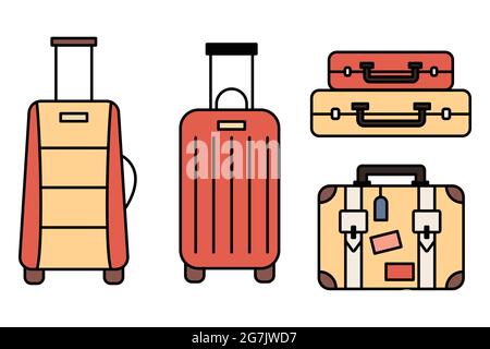 Luggage icons set and collection. Backpack, handbag, suitcase, briefcase, messenger bag, trolley, travel bag. thin line icons. Editable stroke icon Stock Vector