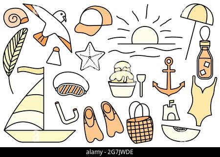 Summer vacation at the sea. Beach stuff. Collection of things for the vacation. Vector line icon. Editable stroke. Doodle style. Stock Vector