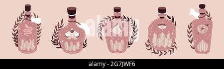 Magic pink bottle set. Vintage potion collection. Witchcraft art. Flat vector illustration in pastel colors. Stock Vector