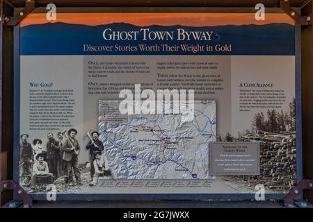 Interpretive sign about the vicinity of the ghost town of Garnet, Montana, USA [No artist release; editorial licensing only] Stock Photo