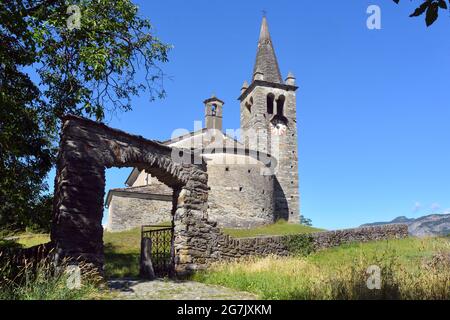 Saint Vincent, Aosta Valley, Italy - The small and antique Romanesque-style church in the village of Moron Stock Photo