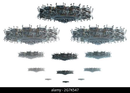 3D rendering collage of UFO spaceship instances in a descending perspective each with depth of field versions, isolated with clipping path, for scienc Stock Photo