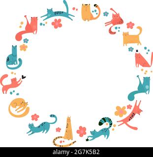 Round frame of drawn cats for printing, textiles, t-shirts, posters. Cute fluffy animals. Frame design on a white background. Vector pets of different colors play, sit, walk, sleep Stock Vector