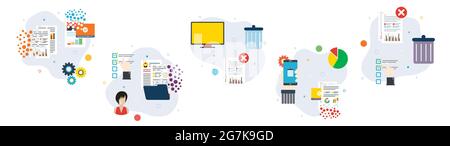 Computer, trash digital, documents and cloud computing icons. Concepts of deleting files, delete documents, computer trash and smartphone data destroy Stock Vector