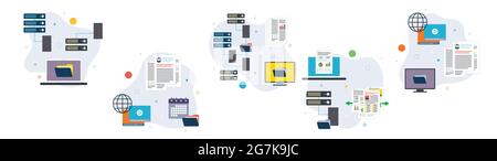 Network, computer, storage and file transfer icons. Concepts of network solutions, computer files, storage computer and file transfer. Flat design ico Stock Vector