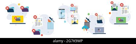 Computer, trash digital, documents and cloud computing icons. Concepts of delete folder, trash digital, destroy data and cloud computing trash. Flat d Stock Vector