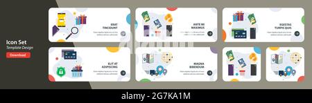 Web banners template in vector with icons of online shopping, purchase payment, payment methods, purchase delivery. Flat design icons in vector illust Stock Vector