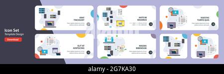 Web banners template in vector with icons of network solutions, computer files, storage computer and file transfer. Flat design icons in vector illust Stock Vector