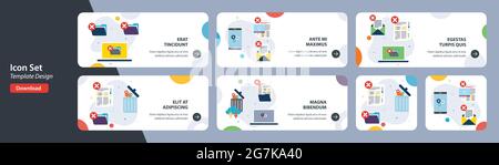 Web banners template in vector with icons of delete folder, trash digital, destroy data and cloud computing trash. Flat design icons in vector illustr Stock Vector
