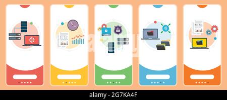 Computer, network, wireless, connection, server and data icons. Concepts of computer network, documents organization , video server data and wireless Stock Vector