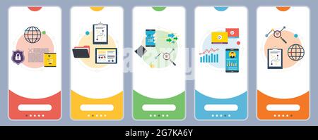 Security, analysis, project, management, performance and development icons. Concepts of security analysis, project management, performance analysis an Stock Vector