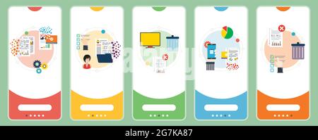 Computer, trash digital, documents and cloud computing icons. Concepts of deleting files, delete documents, computer trash and smartphone data destroy Stock Vector