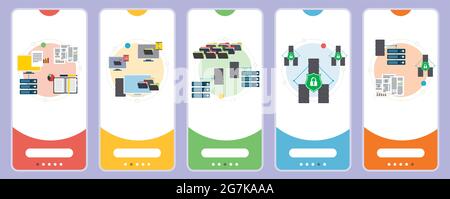 Network, computer, server ,business, technology, database and security icons. Concepts of  data network, computer server, storage technology and datab Stock Vector