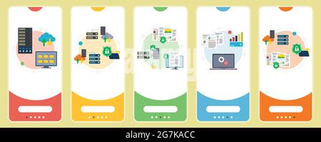 Mainframe, computer, cloud storage, big data, security and protection icons. Concepts of mainframe computer, cloud storage security,  data protection, Stock Vector