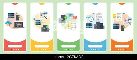 Cloud computing, mining, server, database and data icons. Concepts of cloud computing, data mining, server database and data center. Web banners templ Stock Vector