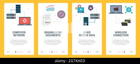 Computer, network, wireless, connection, server and data icons. Concepts of computer network, documents organization , video server data and wireless Stock Vector