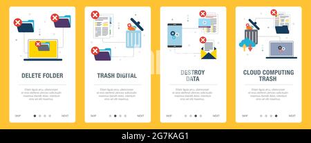 Computer, trash digital, documents and cloud computing icons. Concepts of delete folder, trash digital, destroy data and cloud computing trash. Web ba Stock Vector