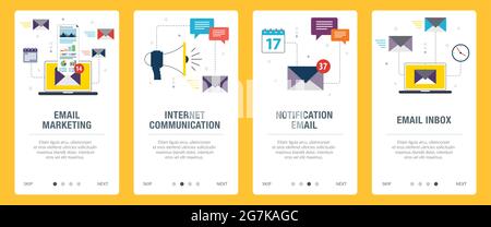 E-mail marketing, communication, notification, computer and marketing icons. Concepts of email marketing, internet communication, notification email a Stock Vector