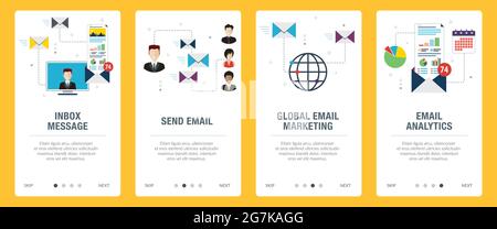 E-mail marketing, communication, notification, computer and marketing icons. Concepts of inbox message, send email, global email marketing and email a Stock Vector