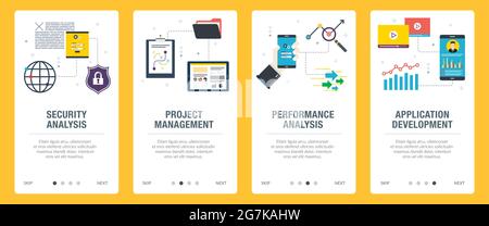 Security, analysis, project, management, performance and development icons. Concepts of security analysis, project management, performance analysis an Stock Vector