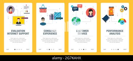 Evaluation, support, consumer, experience, customer, service, performance and analysis icons. Concepts of evaluation internet support, consumer experi Stock Vector
