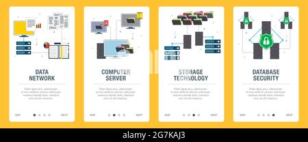 Network, computer, server ,business, technology, database and security icons. Concepts of  data network, computer server, storage technology and datab Stock Vector