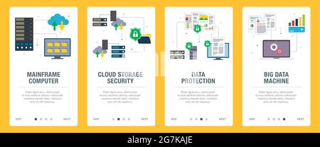 Mainframe, computer, cloud storage, big data, security and protection icons. Concepts of mainframe computer, cloud storage security,  data protection, Stock Vector