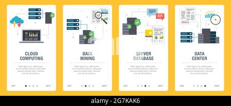 Cloud computing, mining, server, database and data icons. Concepts of cloud computing, data mining, server database and data center. Web banners templ Stock Vector