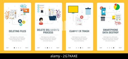 Computer, trash digital, documents and cloud computing icons. Concepts of deleting files, delete documents, computer trash and smartphone data destroy Stock Vector