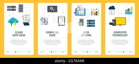 Cloud data, computer, code, hosting and technology icons. Concepts of cloud data base, computer code, data hosting and computer technology. Web banner Stock Vector