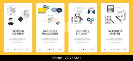 Business, document, management and analysis icons. Concepts of business document, paperwork management, corporate document, paperwork analysis. Stock Vector