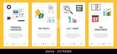 Financial, tax, investment, statistic and profit icons.Concepts of financial statistics, tax profit, loss chart and tax investment. Web banners Stock Vector