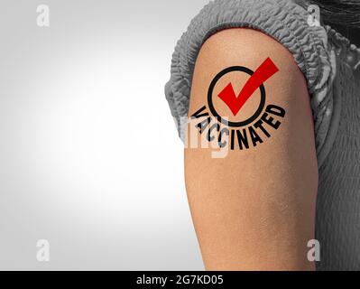 Vaccinated person and immune people due to taking the first dose and second booster medicine as a vaccination stamp as a vaccine passport. Stock Photo