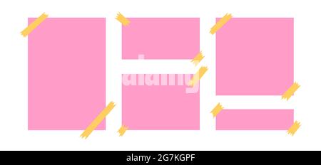 Paper sheets with sticky tape. Pink and yellow blank paper pages for memos and messages. Colored vector illustration isolated in white background Stock Vector