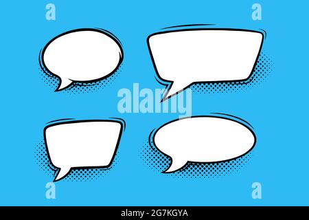 Speech bubbles with halftone shadows in comic style. Circular and rectangular speech boxes isolated in blue background. Handdrawn vector illustration Stock Vector