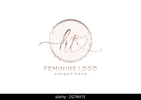 HT handwriting logo with circle template vector logo of initial wedding, fashion, floral and botanical with creative template. Stock Vector