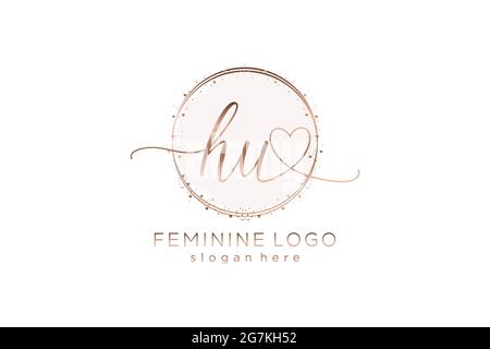 HU handwriting logo with circle template vector logo of initial wedding, fashion, floral and botanical with creative template. Stock Vector