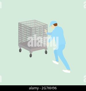 Food industry worker with uniform pushing trolley in factory. Vector illustration design. Stock Vector