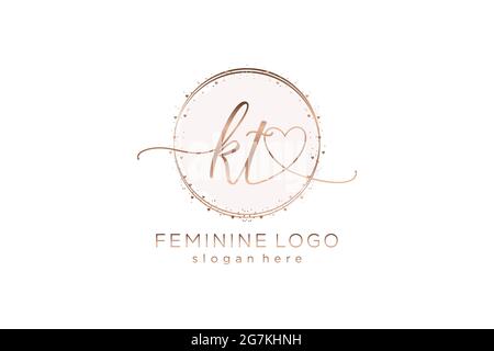 KT handwriting logo with circle template vector logo of initial wedding, fashion, floral and botanical with creative template. Stock Vector