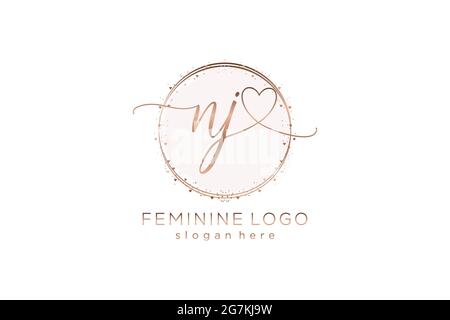 NJ handwriting logo with circle template vector logo of initial wedding, fashion, floral and botanical with creative template. Stock Vector